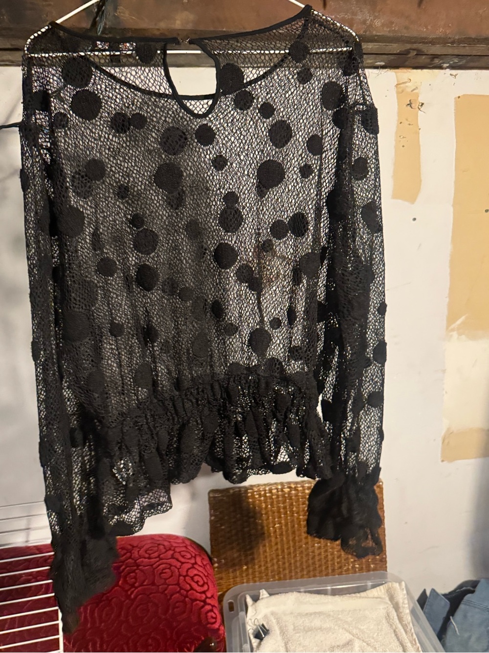 Black Sheer Polka Dot Long-Sleeve Women's Top - Picture 3 of 3